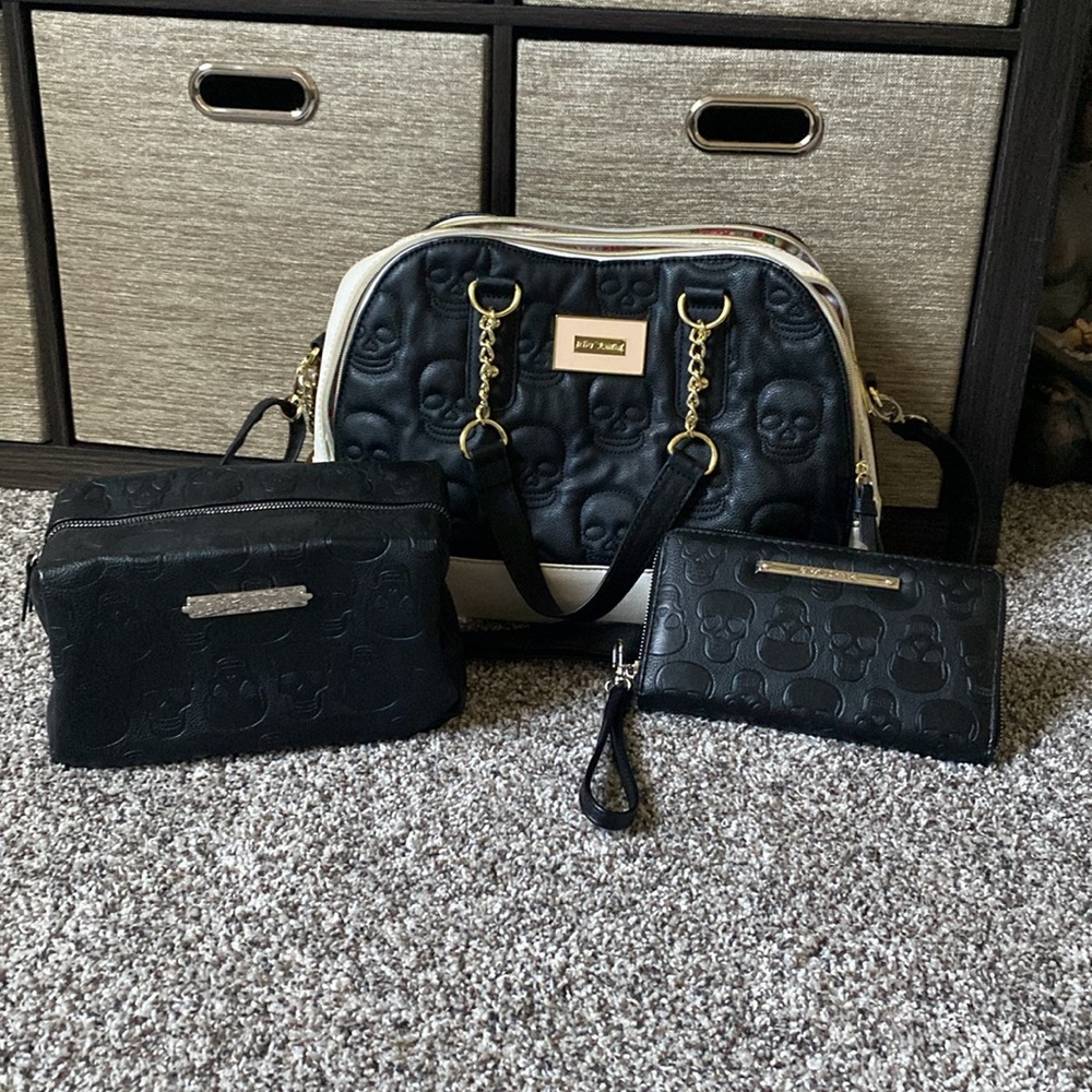 Betsy Johnson Skull Purse with Matching Wallet and travel case - 3 piece set